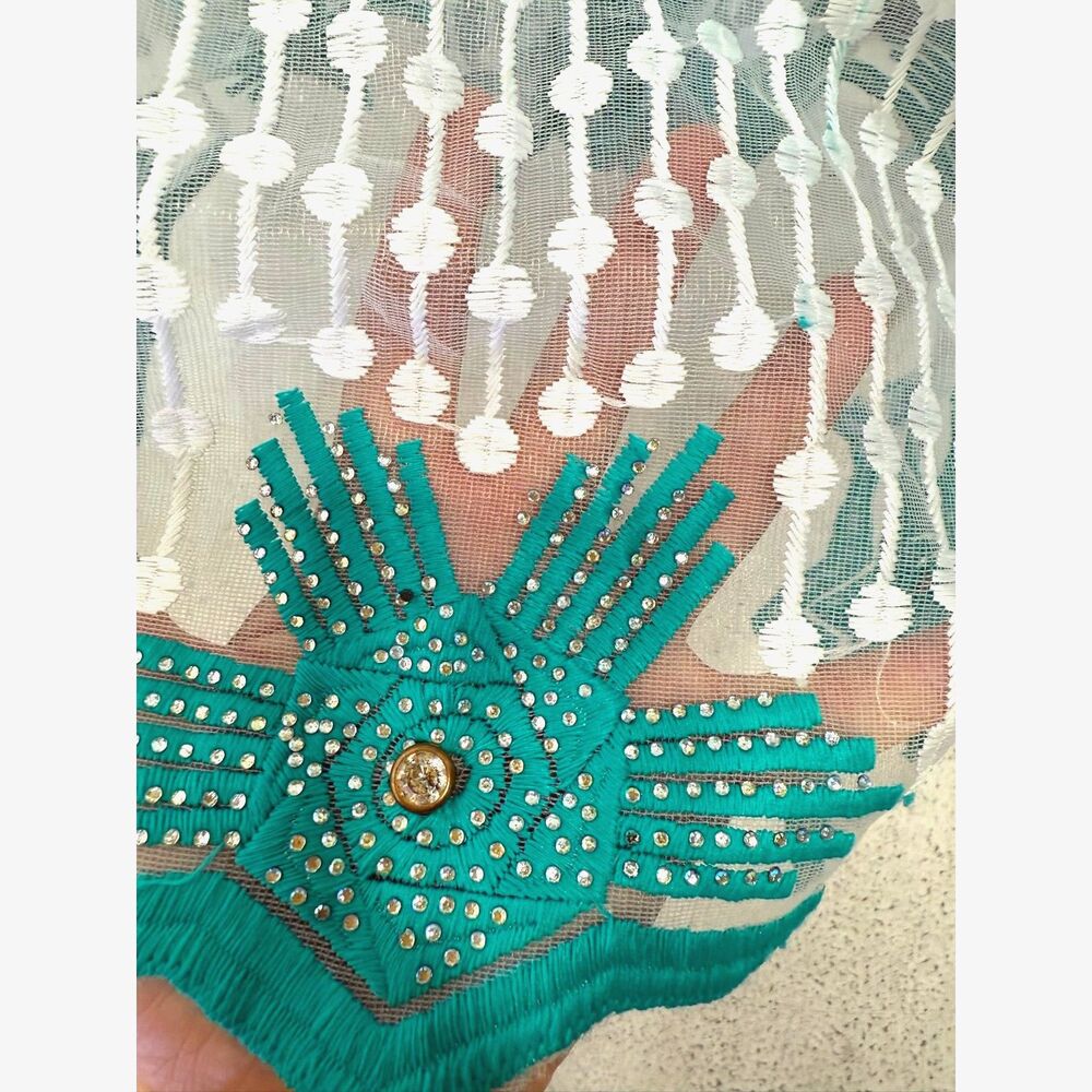 Vintage 60s teal & white occasion midi w/ shoulder cut out, peplum, jeweled - Picture 5 of 5